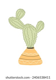 Green cactus in a cartoon doodle flat style on a white background. Home plant cactus in ceramic pot. Simple decorative cactus with prickles. Hand drawn homeplant in interior.