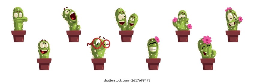 Green Cactus Character with Different Face Emotion Vector Set