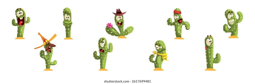 Green Cactus Character with Different Face Emotion Vector Set