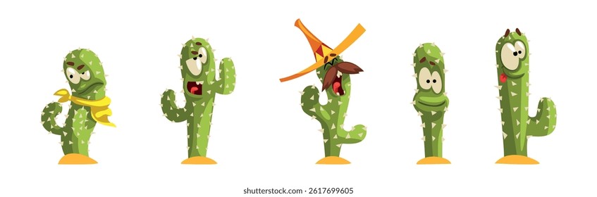 Green Cactus Character with Different Face Emotion Vector Set