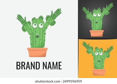 Green cactus character logo. Desert green plant. Mascot Cactus with sharp thorns. Cacti char logotype