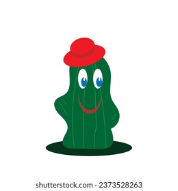 a green cactus character in a red hat
