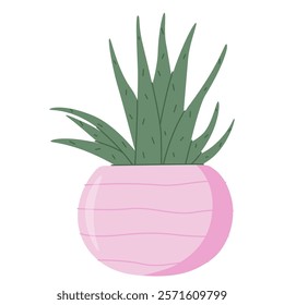 Green cactus in clay flowerpot. Houseplant growing in ceramic pot. Homegrown cacti plant. Botanical decor element for home interior. Flat vector cartoon illustration isolated on white background