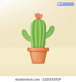 Green cactus in clay pot icon symbols. Ornamental plant for home and office decoration concept. 3D vector isolated illustration design. Cartoon pastel Minimal style. Used for design ux, ui, print ad.