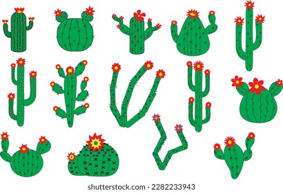 green cactus collection set with red flower isolate on white background
