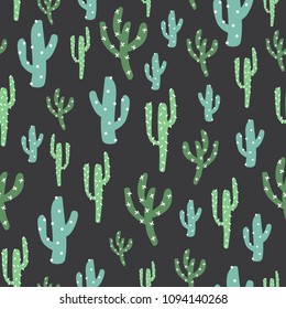 Green cactus in dark background. A playful, modern, and flexible pattern for brand who has cute and fun style. Repeated pattern. Happy, bright, and magical mood.