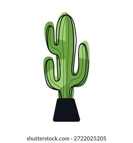 Cacto verde em vaso escuro isolado no fundo branco. Ilustração decorativa de planta doméstica com elementos de linha para design de interiores, cartazes, adesivos, impressões