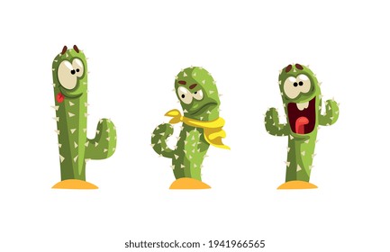 Cactus verdes con diferentes emociones set, divertidos personajes de la planta de emoticonos Ilustración vectorial de dibujos animados