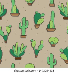 green cactus doodle seamless pattern on brown background