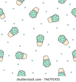 green cactus doodle seamless pattern on white background