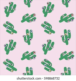 green cactus with eyes pattern on a pink background psychedelic seamless vector