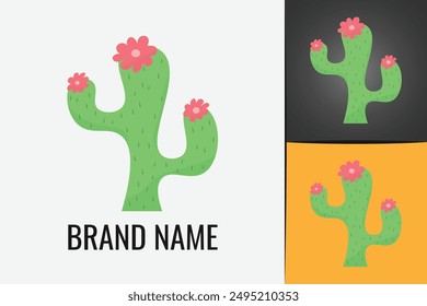 Green cactus flower logo. Desert green plant. Cactus with sharp thorns. Cacti logotype