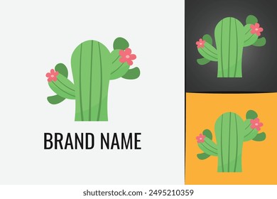 Green cactus flower logo. Desert green plant. Cactus with sharp thorns. Cacti logotype