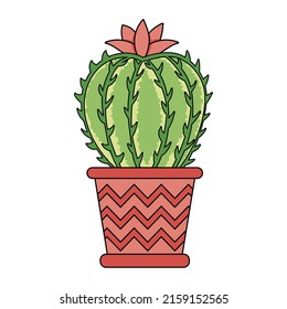 Green cactus with flower plant in the pink pot in flat doodle style