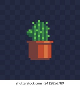 Green cactus in flowerpot pixel art icon, isolated vector illustration. Interior detail. Game assets. 8-bit.