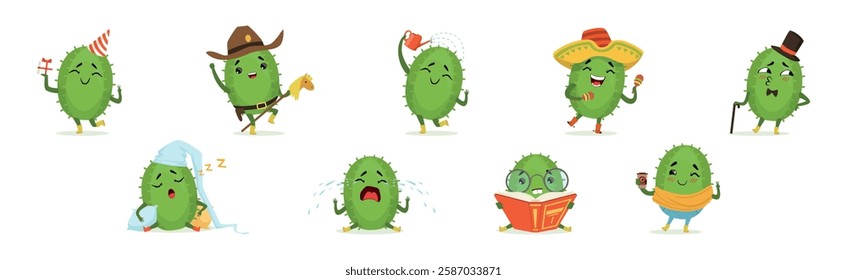Green Cactus Funny Character Engaged in Different Activity Vector Set