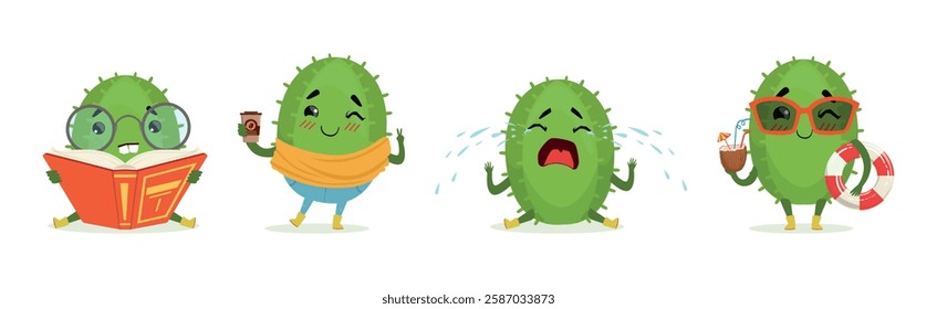 Green Cactus Funny Character Engaged in Different Activity Vector Set