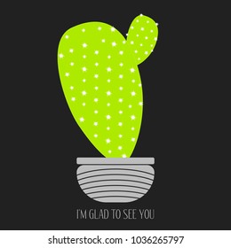 Green Cactus in a Grey Pot on a Dark Background. Creative Vector Template with Text in Minimalism Style. Green Cactus Isolated for Card, Invitation, Paper, Postcard, Fabric, Textile or Your Project.