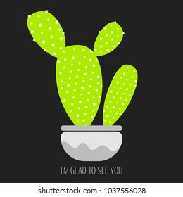 Green Cactus in a Grey Pot on a Dark Background. Creative Vector Template with Text in Minimalism Style. Green Cactus Isolated for Card, Invitation, Paper, Postcard, Fabric, Textile or Your Project.
