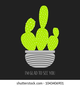 Green Cactus in a Grey Pot on a Dark Background. Creative Vector Template with Text in Minimalism Style. Green Cactus Isolated for Card, Invitation, Paper, Postcard, Fabric, Textile or Your Project.