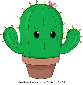 The green cactus grows well in the pot, looks serious, healthy and strong, cartoon flat illustration