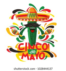 A green cactus in a hat sings and plays on maracas on a background of colorful splashes in honor of the holiday cinco de mayo
