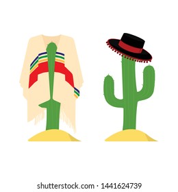 Green cactus in mexican poncho isolated on white background.