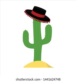 Green cactus in mexican sombrero hat isolated on white background.