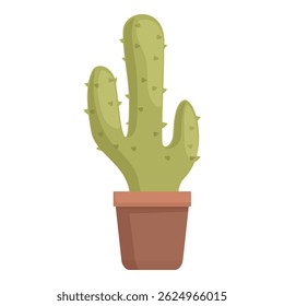 Green cactus with needles growing in a clay pot on a white background
