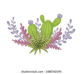Green cactus on a background of purple plants. Vector illustration on a white background.