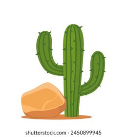 The green cactus on a rocky Texas soil isolated on white background. Vector illustration