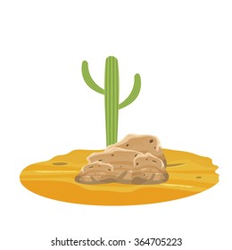 The green cactus on a rocky Texas soil isolated sandy desert on white background.  It can be used as an element in the game interface design, web design.