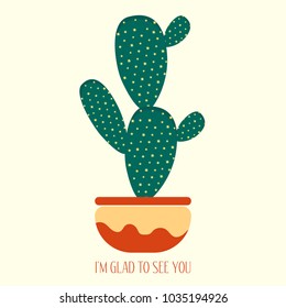 Green Cactus in a Orange Pot on a White Background. Creative Vector Template with Text in Minimalism Style. Cactus Isolated for Card, Invitation, Paper, Postcard, Tile, Fabric, Textile or Your Project