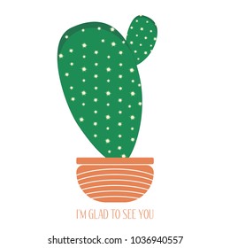 Green Cactus in a Orange Pot on a White Background. Creative Vector Template with Text in Minimalism Style. Cactus Isolated for Card, Invitation, Paper, Postcard, Tile, Fabric, Textile or Your Project