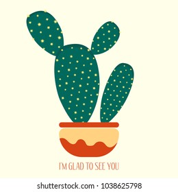 Green Cactus in a Orange Pot on a White Background. Creative Vector Template with Text in Minimalism Style. Cactus Isolated for Card, Invitation, Paper, Postcard, Tile, Fabric, Textile or Your Project