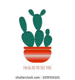 Green Cactus in a Orange Pot on a White Background. Creative Vector Template with Text in Minimalism Style. Cactus Isolated for Card, Invitation, Paper, Postcard, Tile, Fabric, Textile or Your Project