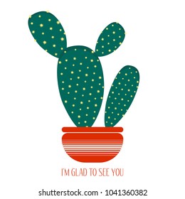 Green Cactus in a Orange Pot on a White Background. Creative Vector Template with Text in Minimalism Style. Cactus Isolated for Card, Invitation, Paper, Postcard, Tile, Fabric, Textile or Your Project