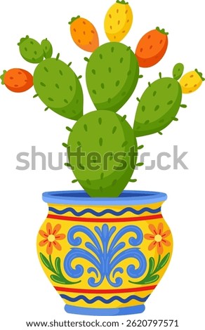 Green cactus with orange and yellow fruit in a decorative Mediterranean-style ceramic flower pot