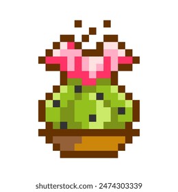 Green cactus with a pink flower in a brown pot, an image in pixel art on a white background. Plant for the interior of a house, office, room. An element of graphics for video games, logos, brands.