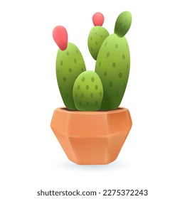 Green cactus with pink flower buds in beige pot 3D illustration. Drawing of exotic flowering plant for home or office in 3D style on white background. Nature, houseplants, decor, botany concept