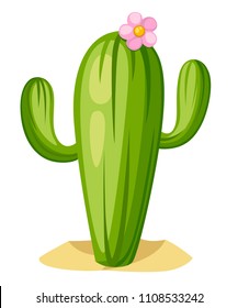 Green cactus with pink flower. Large cactus tree in desert. Cartoon vector illustration isolated on white background.