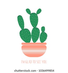 Green Cactus in a Pink Pot on a White Background. Creative Vector Template with Text in Minimalism Style. Cactus Isolated for Card, Invitation, Paper, Postcard, Tile, Fabric, Textile or Your Project