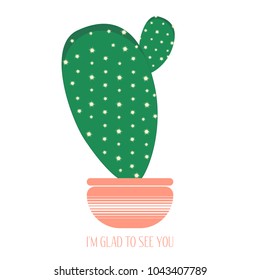 Green Cactus in a Pink Pot on a White Background. Creative Vector Template with Text in Minimalism Style. Cactus Isolated for Card, Invitation, Paper, Postcard, Tile, Fabric, Textile or Your Project
