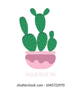Green Cactus in a Pink Pot on a White Background. Creative Vector Template with Text in Minimalism Style. Cactus Isolated for Card, Invitation, Paper, Postcard, Tile, Fabric, Textile or Your Project