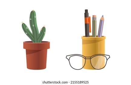 Green cactus plant in flowerpot and school accessories in holder cartoon vector illustration