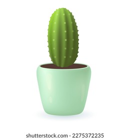 Green cactus plant of oval shape in mint pot 3D illustration. Cartoon drawing of exotic plant for home or office in 3D style on white background. Nature, houseplants, decor, botany concept