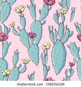 Green cactus plants with pink and yellow flowers seamless pattern on a pink background. Vector illustration.