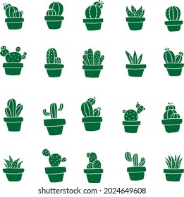 Green cactus plants in a pot, illustration, vector on white background