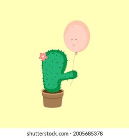 Green cactus in a pot with closed eyes holding a pink balloon. Vector illustration