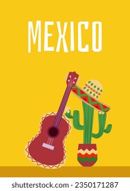 Green cactus in pot decorated sombrero hat and guitar. Ethnic vintage ornament. National Mexican, Latin traditional symbols and culture. Color flat vector Mexico poster on yellow background